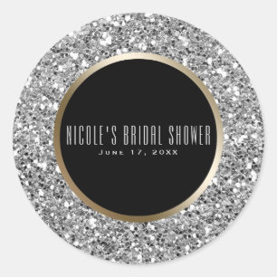 Silver Glitter & Black Gold Elegant Wedding Favour Classic Round Sticker