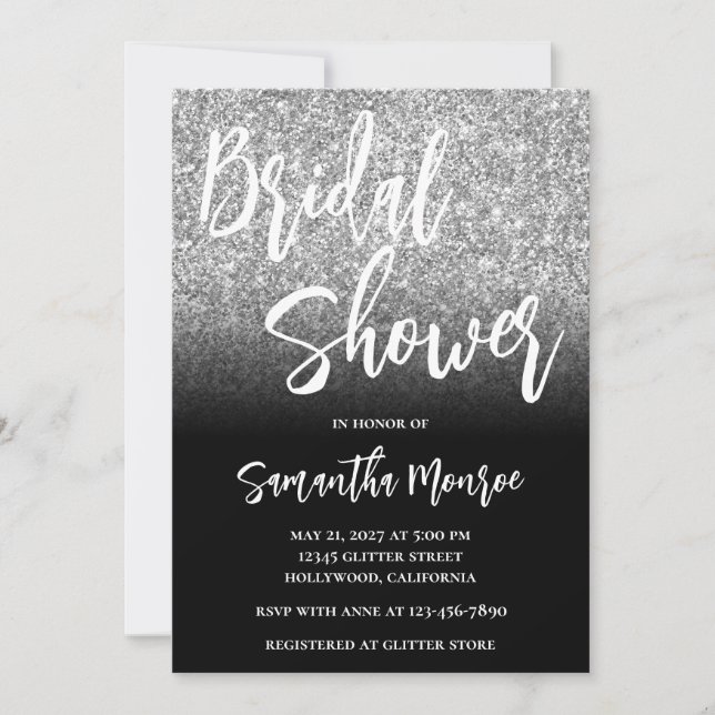 Silver Glitter Black Gradient Bridal Shower Invitation (Front)