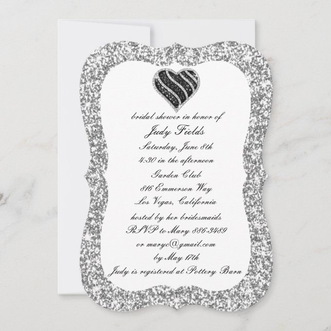Silver Glitter Black Heart Bridal Shower Invite (Front)