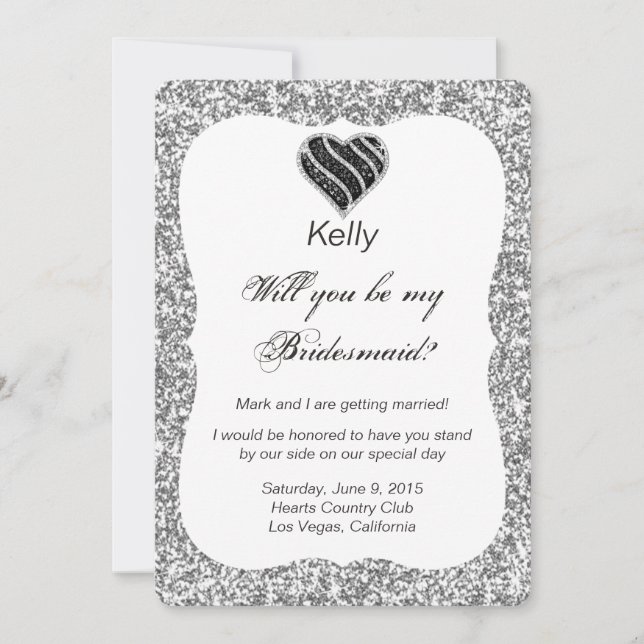 Silver Glitter Black Heart Bridesmaid Card (Front)