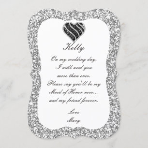 Silver Glitter Black Heart Maid Of Honour Card