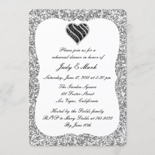 Silver Glitter Black Heart Rehearsal Dinner Invite
