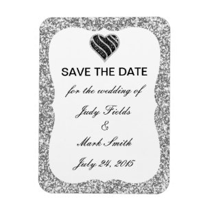 Silver Glitter Black Heart Save The Date Magnet