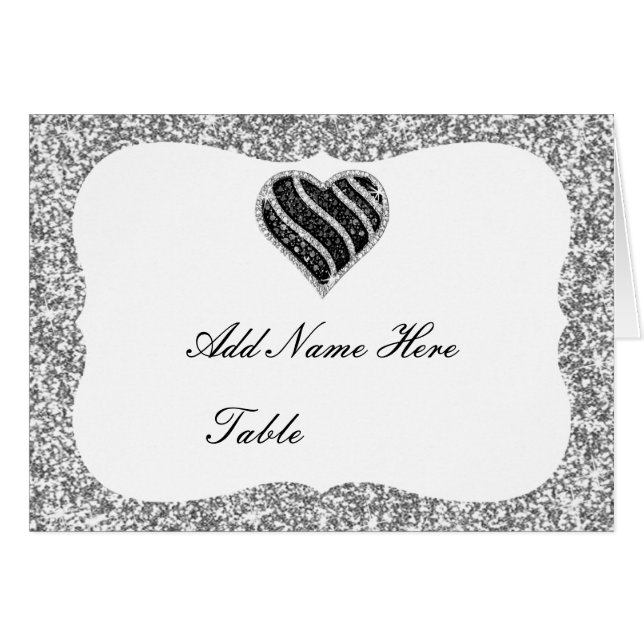 Silver Glitter Black Heart Table Place Card (Front Horizontal)