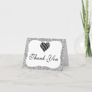 Silver Glitter Black Heart Thank You Card