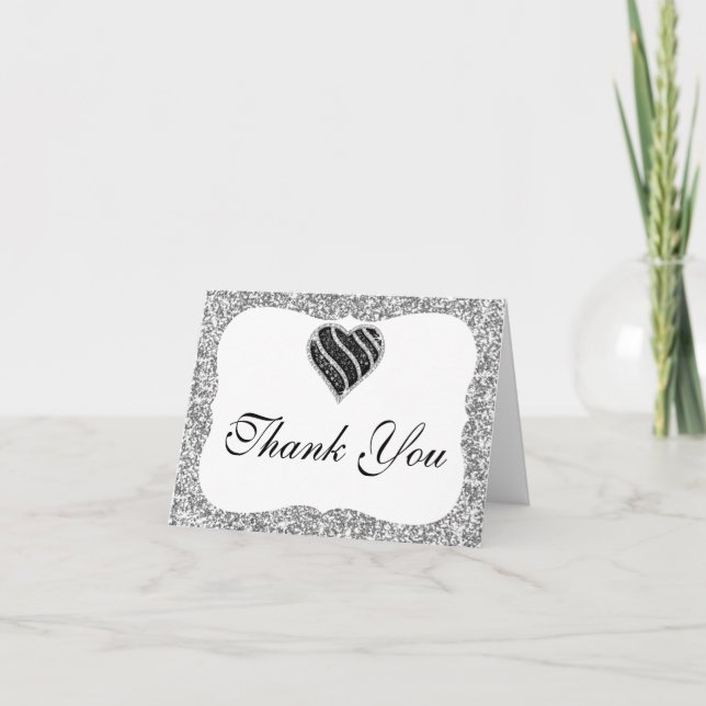 Silver Glitter Black Heart Thank You Card (Front)
