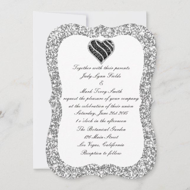 Silver Glitter Black Heart Wedding Invitation (Front)