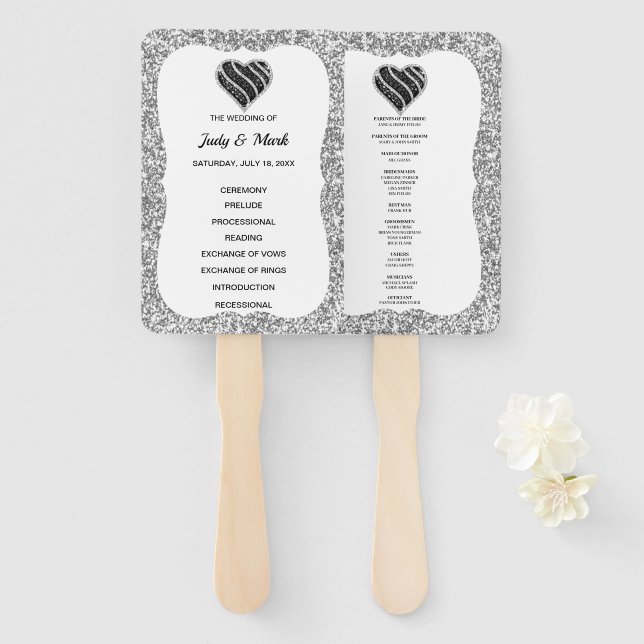 Silver Glitter Black Heart Wedding Program Fans (Front and Back)