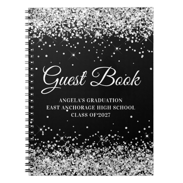 Silver Glitter Black High School Graduation Guest Notebook (Front)