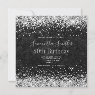 Silver Glitter Black Leather 40th Birthday Invitation