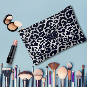Silver Glitter Black Leopard Print Monogrammed Accessory Pouch