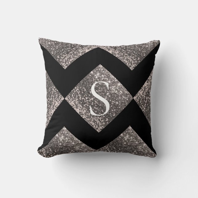 Silver Glitter Black Monogram Bling Chic  Cushion (Front)