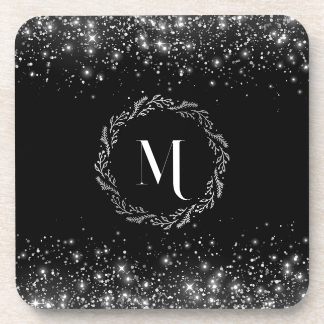 Silver Glitter Black Monogram Coaster (Front)