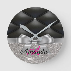 Silver glitter black monogram electronics Bag Round Clock
