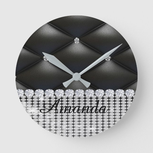  silver glitter black monogram  round clock (Front)