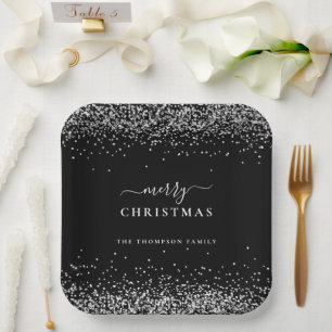 Silver Glitter Black  Name Merry Christmas  Paper Plate