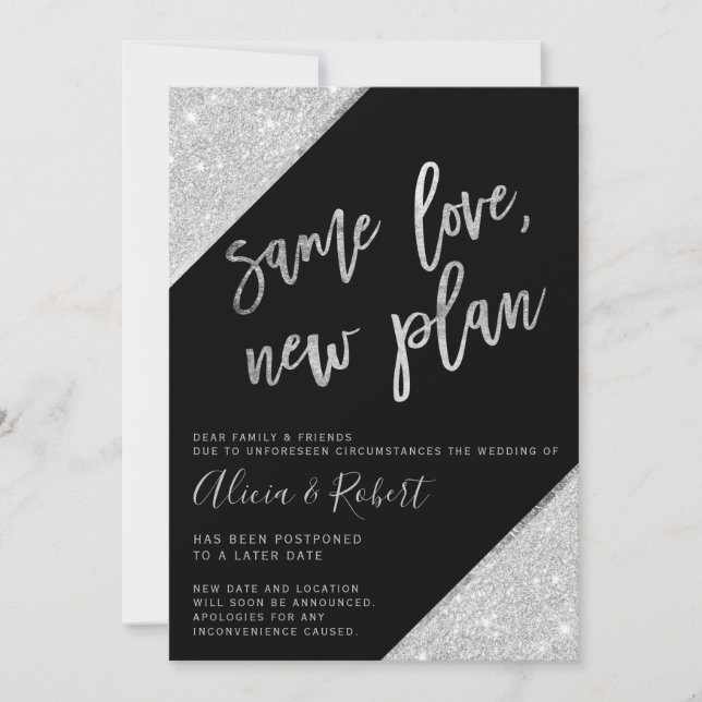 Silver glitter black new plan postponed save the date (Front)