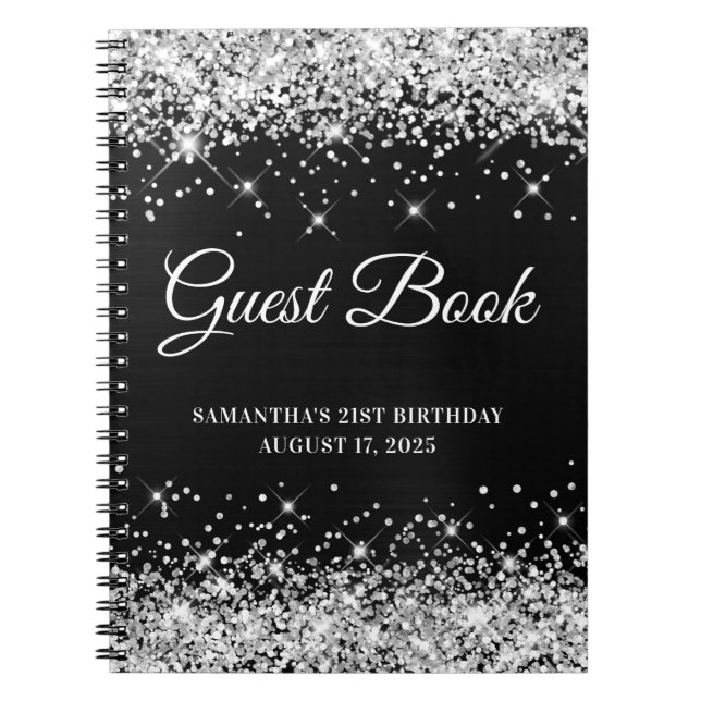 Silver Glitter Black Ombre 21st Birthday Guestbook Notebook (Front)