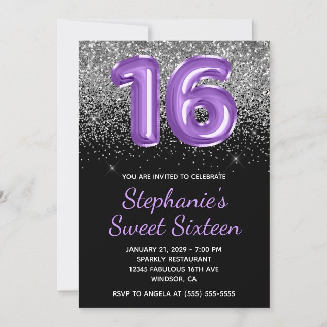 Silver Glitter Black Royal Purple Number 16 Invitation (Front)