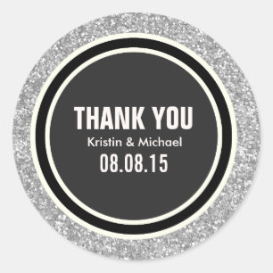 Silver Glitter & Black Thank You Round Stickers