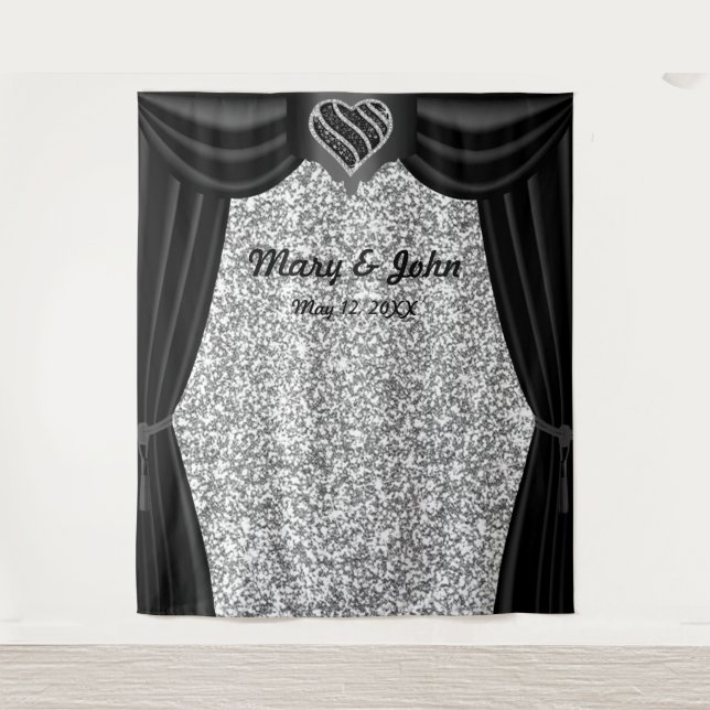 Silver Glitter Black & White Heart Black Curtain Tapestry (Front)