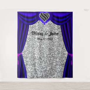 Silver Glitter Black & White Heart Blue Curtain Tapestry