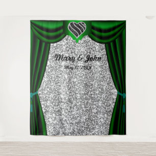 Silver Glitter Black & White Heart Green Curtain Tapestry