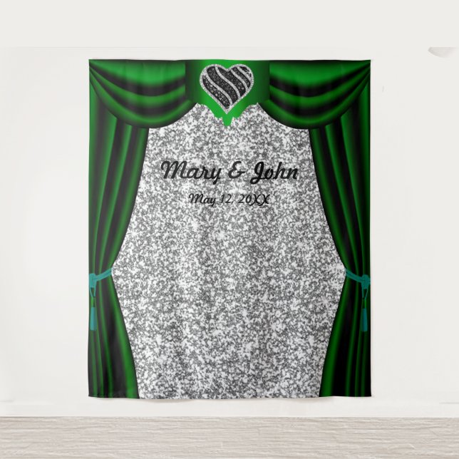 Silver Glitter Black & White Heart Green Curtain Tapestry (Front)