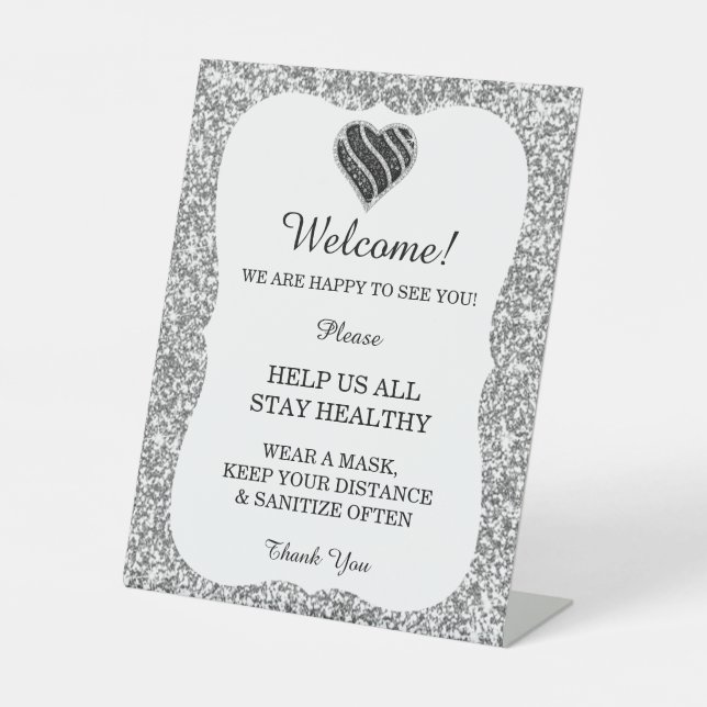 Silver Glitter Black & White Heart Wedding Safety  Pedestal Sign (Front)