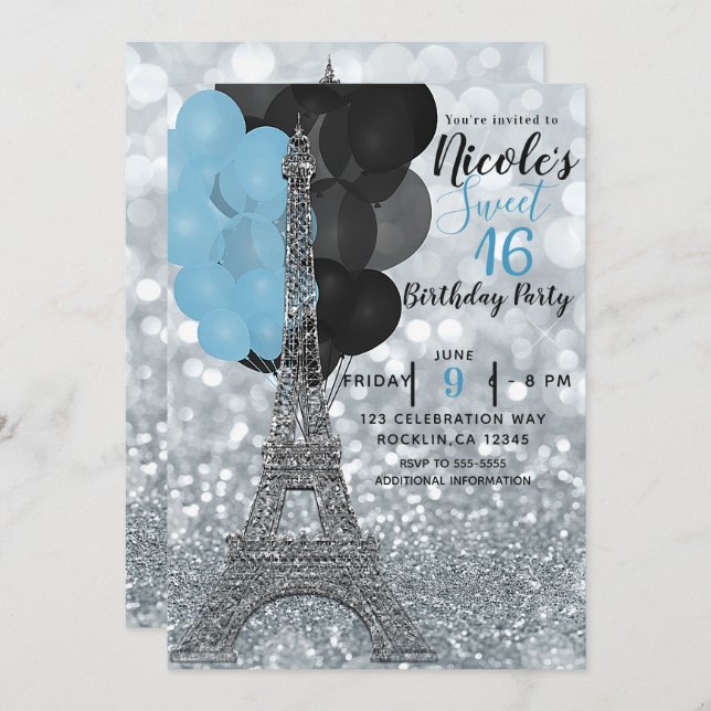 Silver Glitter Blue Balloons Paris Eiffel Tower Invitation (Front/Back)