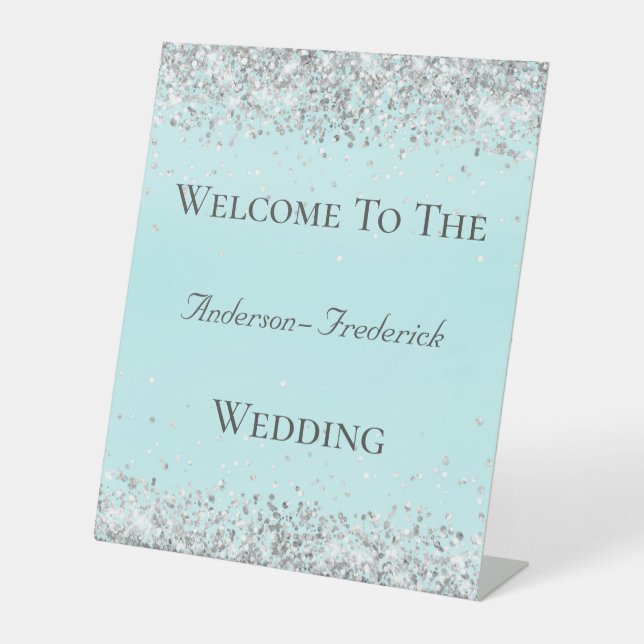 Silver Glitter Blue Elegant Wedding Welcome Sign (Front)