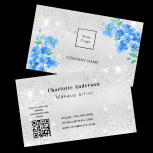 Silver glitter blue floral QR code logo Business Card