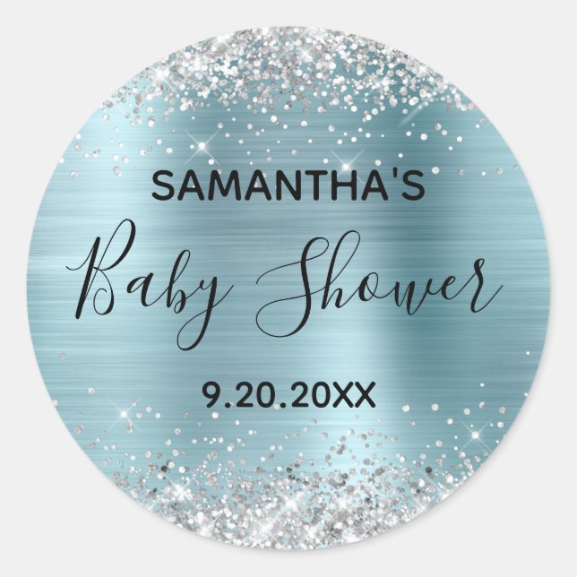Silver Glitter Blue Foil Baby Shower Classic Round Sticker (Front)