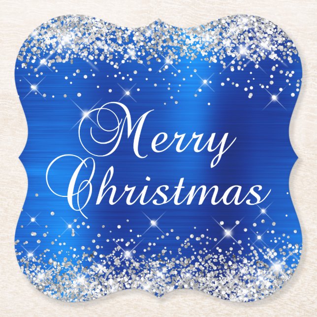 Silver Glitter Blue Foil Merry Christmas Paper Coaster (Front)