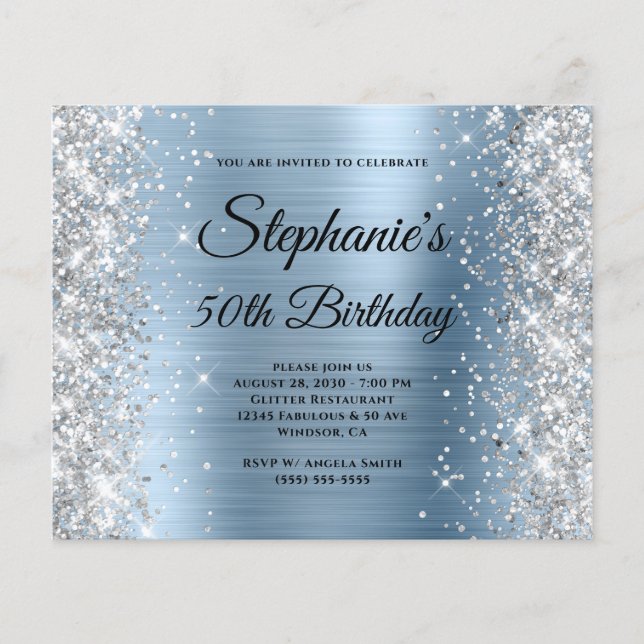 Silver Glitter Blue Foil Monogram 50th Birthday Flyer (Front)