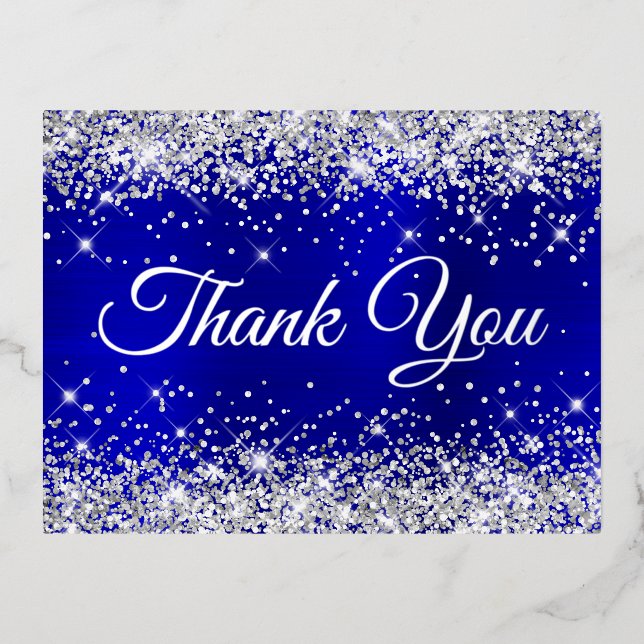 Silver Glitter Blue Ombre 21st Birthday Thank You Foil Invitation Postcard (Front)