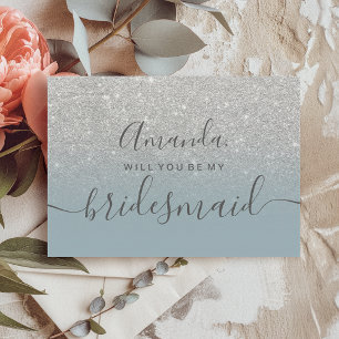 Silver glitter blue ombre script my bridesmaid invitation