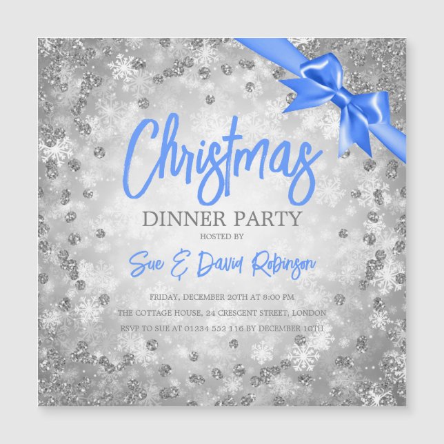 Silver Glitter Blue Ribbon Christmas Invite (Front)