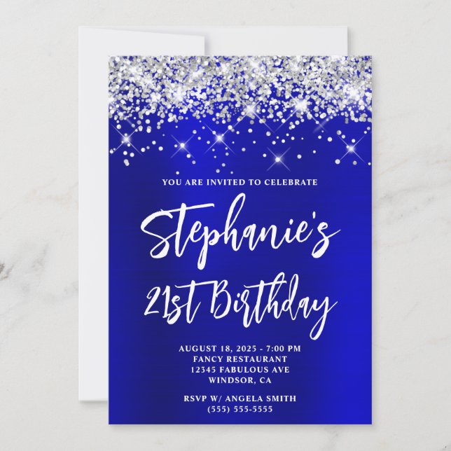 Silver Glitter Blue Satin Bold 21st Birthday Invitation (Front)