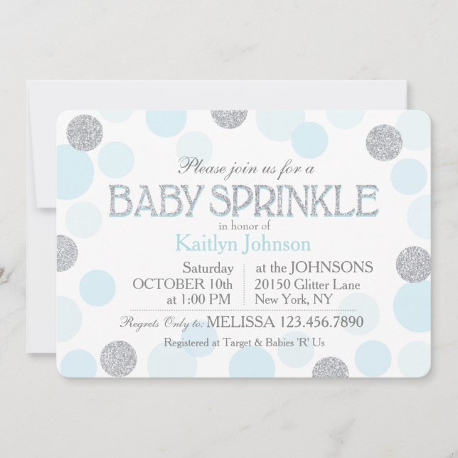 Silver Glitter Blue Scatter Dots Baby Sprinkle Invitation (Front)