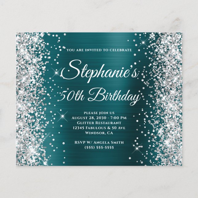 Silver Glitter Blue Teal Foil 50th Birthday Flyer (Front)