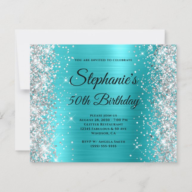 Silver Glitter Blue Turquoise Foil 50th Birthday (Front)