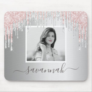 Silver glitter blush photo name script mouse pad