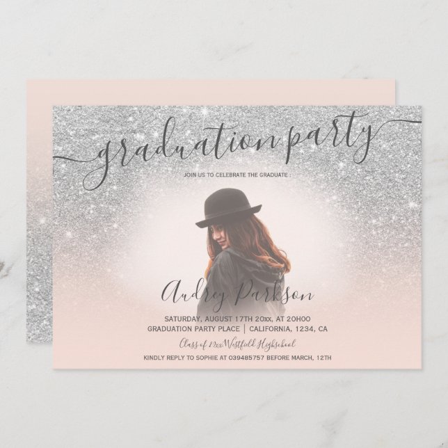 Silver glitter blush pink chic photo graduation invitation (Front/Back)