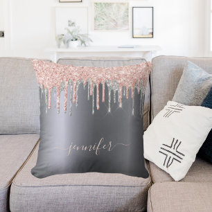 Silver glitter blush pink drips monogram script cushion