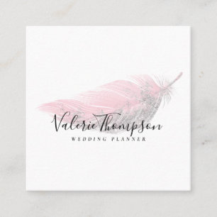Silver glitter blush pink feather modern elegant square business card