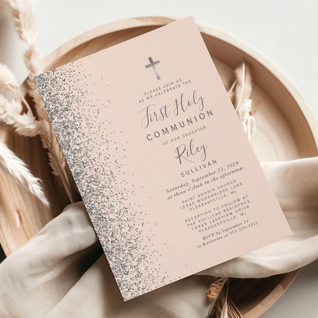 Silver Glitter Blush Pink First Holy Communion Invitation (Creator Uploaded)