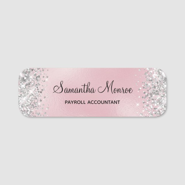 Silver Glitter Blush Pink Foil Title Name Tag (Front)
