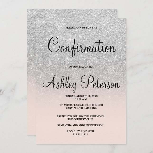 Silver glitter blush pink ombre chic confirmation invitation (Front/Back)
