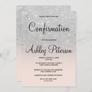 Silver glitter blush pink ombre chic confirmation invitation
